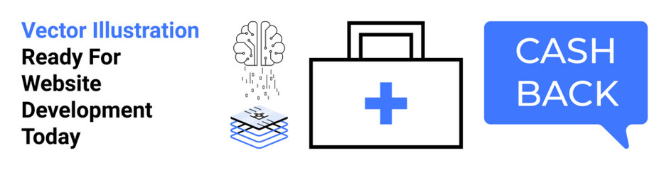 Brain, AI layers, medical kit with cross, and cashback speech bubble. Ideal for healthcare innovation, digital finance, AI services, modern tech solutions, e-commerce branding flat landing page
