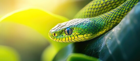 Obraz premium Eurasian grass snake Natrix natrix macro shot revealing vibrant green scales in natural sunlight among lush foliage.