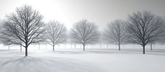 Serene black and white winter landscape featuring snow-covered trees in a tranquil white background.