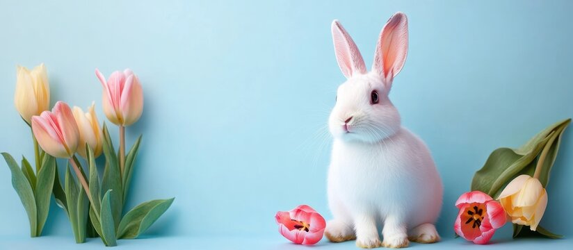 Minilop Rabbit Surrounded by Tulips on Pastel Blue Background for Spring Holiday Invitations and Decorations with Space for Text