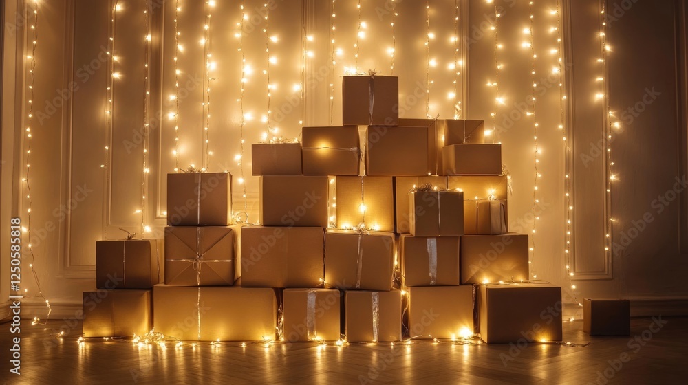 Poster festive stacked boxes illuminated with string lights creating a warm and inviting holiday atmosphere