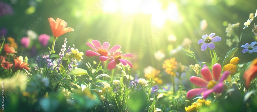 Poster vibrant summer flowers in a natural setting with enchanting bokeh lighting creating a dreamy and ser
