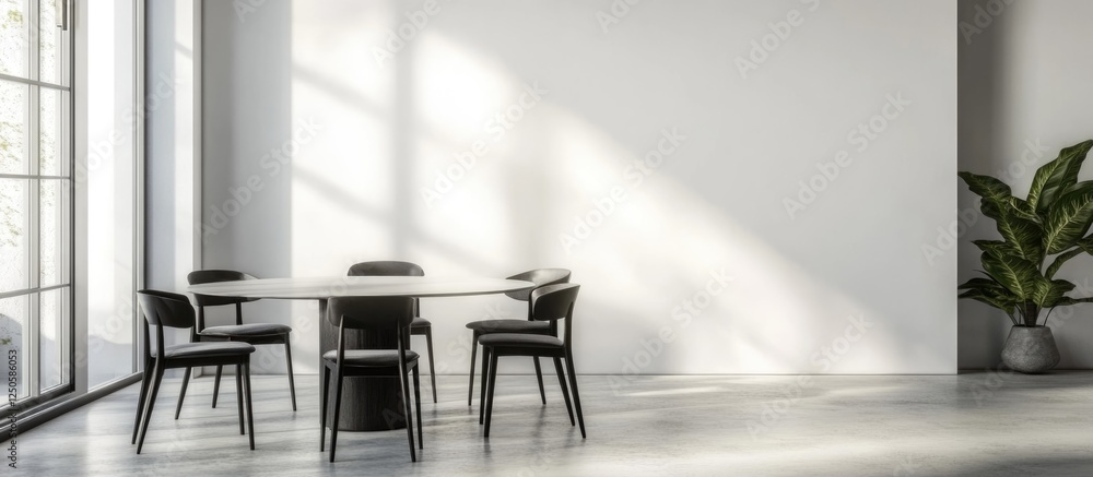 Poster modern minimalist dining room featuring a round table and sleek black chairs with ample space for te
