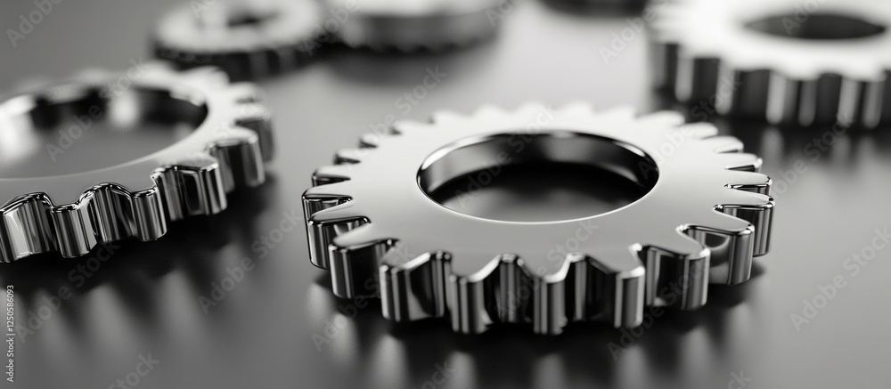 Poster metal gears displayed on a smooth gray background highlighting their intricate details and industria