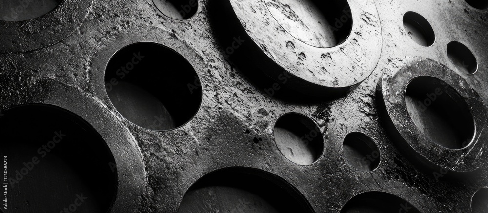 Poster industrial metal texture with circular holes in black and white creating a dramatic visual contrast 