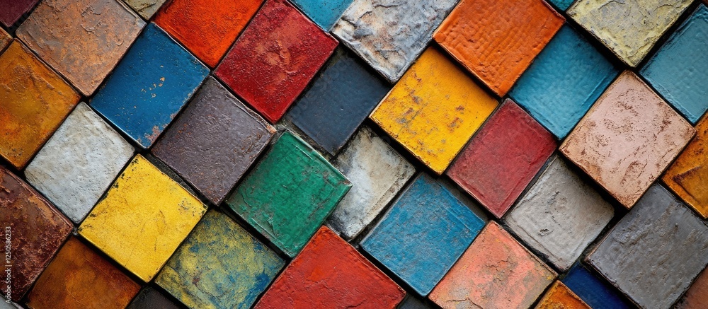 Poster multicolored textured tiles arranged in an abstract pattern showcasing a vibrant facade material for