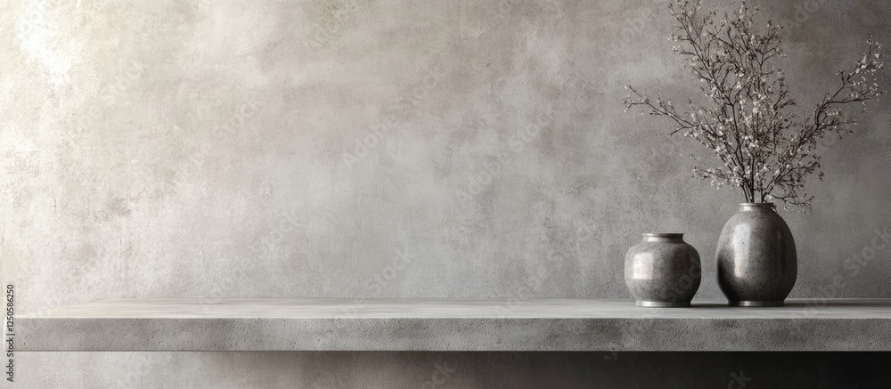 Poster minimalist dining table design showcasing concrete and cement textures with vases and space for text