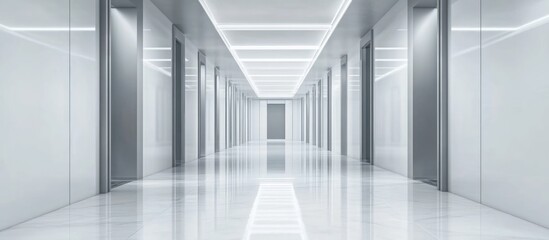 Obraz premium Minimalist modern hallway interior design featuring sleek lines and reflective surfaces for potential text placement