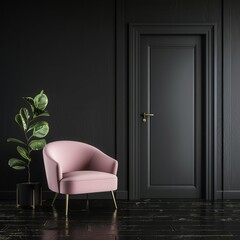 A pink armchair sits in a dark room with a closed door and a potted plant