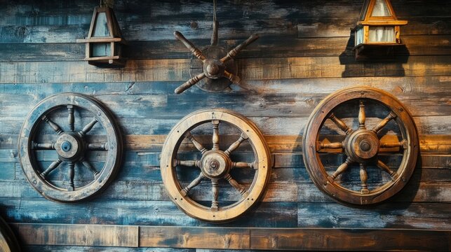 Vintage ship wheels as wall decor showcasing maritime craftsmanship and rustic charm in a nautical themed interior design setup.