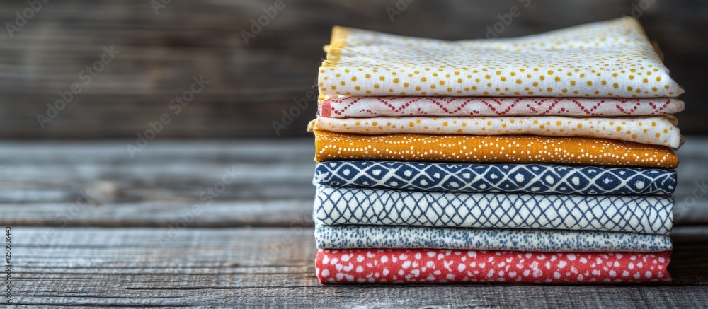 Poster stylish stacked fabric napkins in various colors and patterns on a rustic grey wooden surface for ta