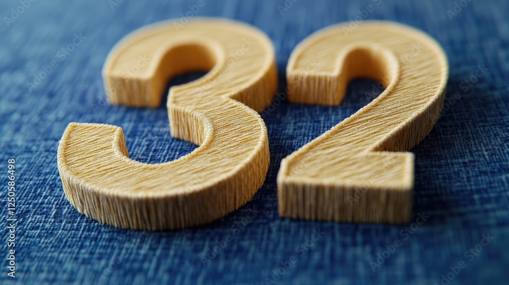 Poster handcrafted 3d illustration of number 32 in textured foam on blue background with loose threading an