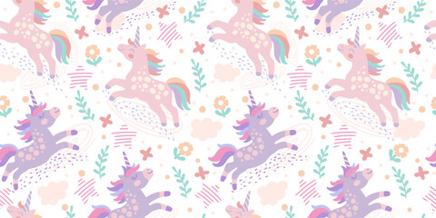 Seamless pattern with cute doodle unicorns on a colored background. Vector illustration. For packaging paper, printing and design on fabric, textile, dishes and bed linen. Cute children s background.
