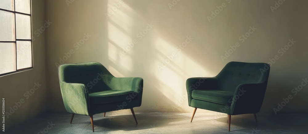Poster minimalist interior with two green armchairs modern design and ample empty space for text or brandin