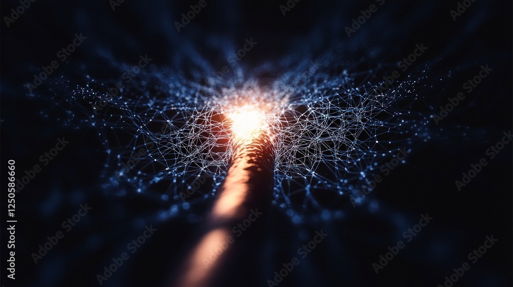 Poster abstract digital network: glowing lines and points in dark space