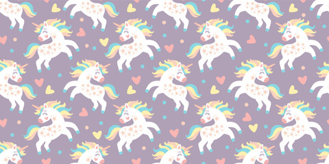 Seamless pattern with cute doodle unicorns on a colored background. Vector illustration. For packaging paper, printing and design on fabric, textile, dishes and bed linen. Cute children s background.
