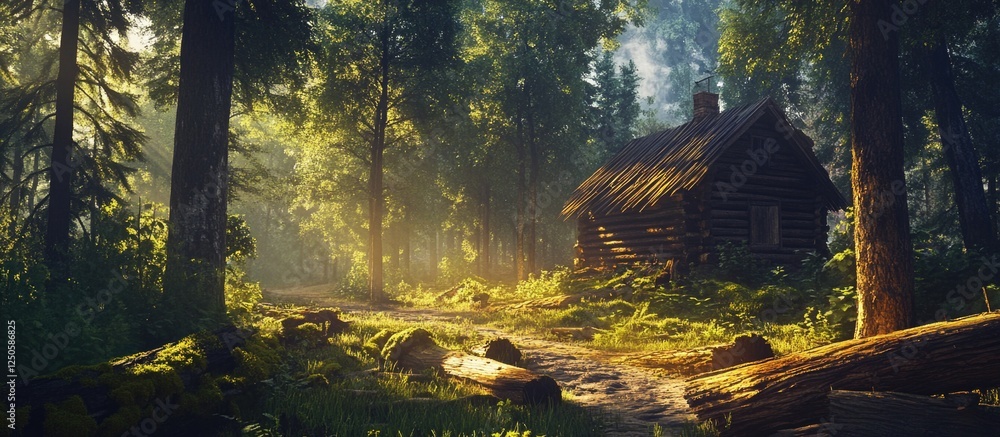 Poster serene forest landscape with a rustic cabin surrounded by lush greenery and dappled sunlight filteri