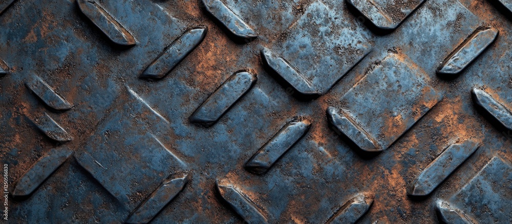 Poster industrial metal texture featuring a distressed diamond plate surface with rust and grunge elements 