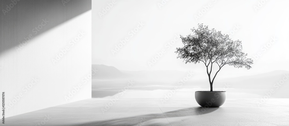 Poster monochrome minimalist scene featuring a potted tree with abundant copy space for modern design proje