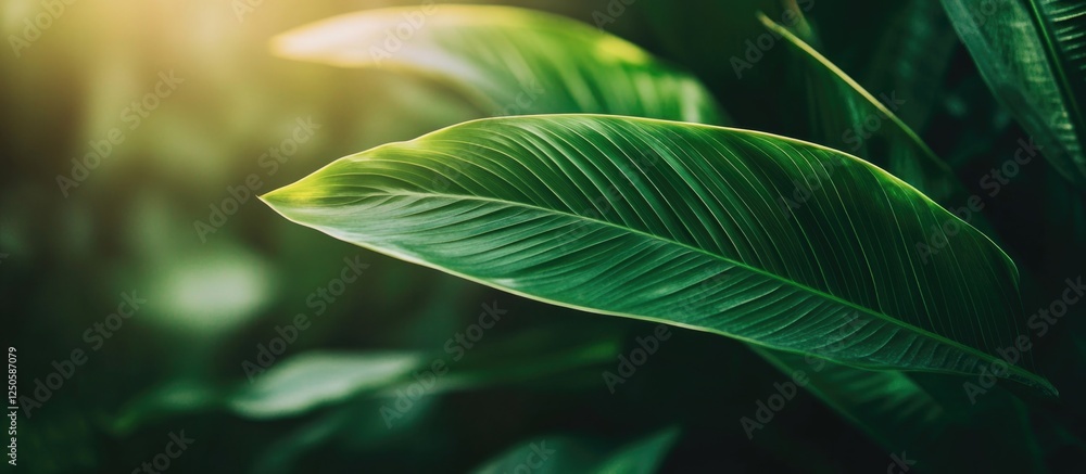 Poster lush green leaf texture with selective focus creating a serene and natural background atmosphere for