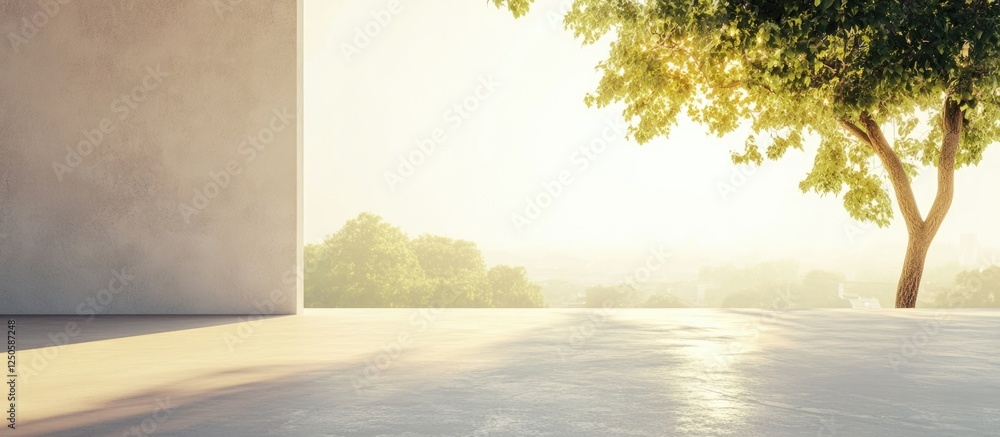 Poster sunlit minimalist bedroom with serene outdoor view and ample empty space for text or design elements