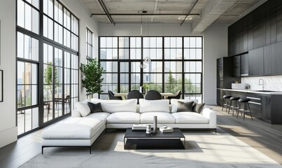Modern loft living room with white sectional sofa. black coffee table. and floor-to-ceiling windows overlooking a city skyline