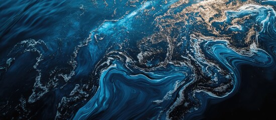 Obraz premium Oil slick patterns on blue water surface highlighting environmental pollution and ecological impact in oceans and waterways.