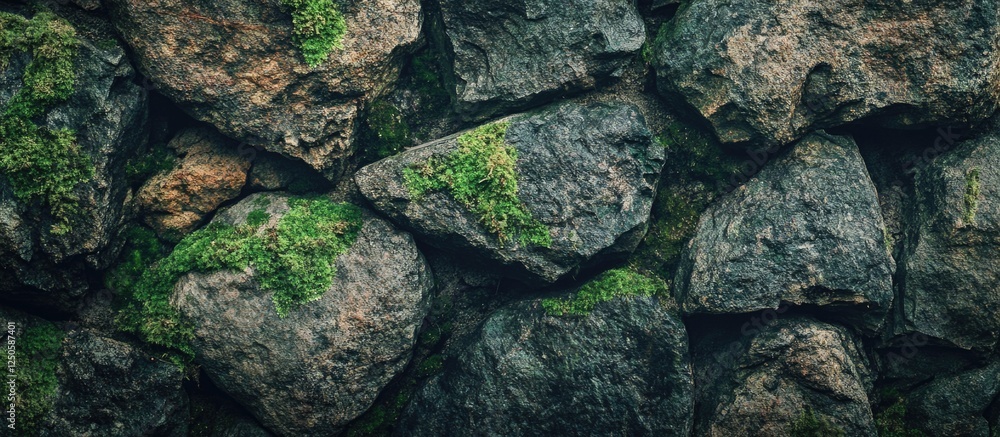 Poster grungy textured stone wall featuring mossy rocks as a rustic background for design and artistic proj