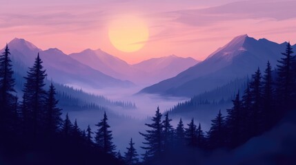 Serene Misty Sunrise over Majestic Mountain Landscape with Pine Trees and Soft Pastel Hues