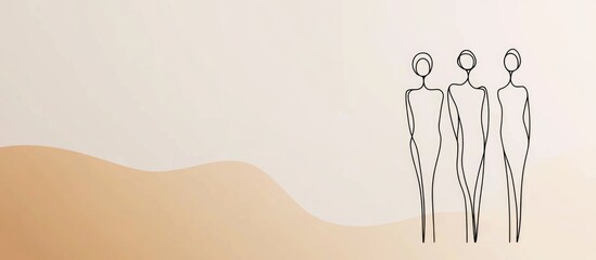 Minimalist line art of three abstract figures on a light background with ample blank space for text or branding purposes.