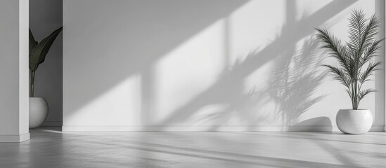 Minimalist interior featuring a modern white door, natural light casting shadows, and empty space for text or design elements.