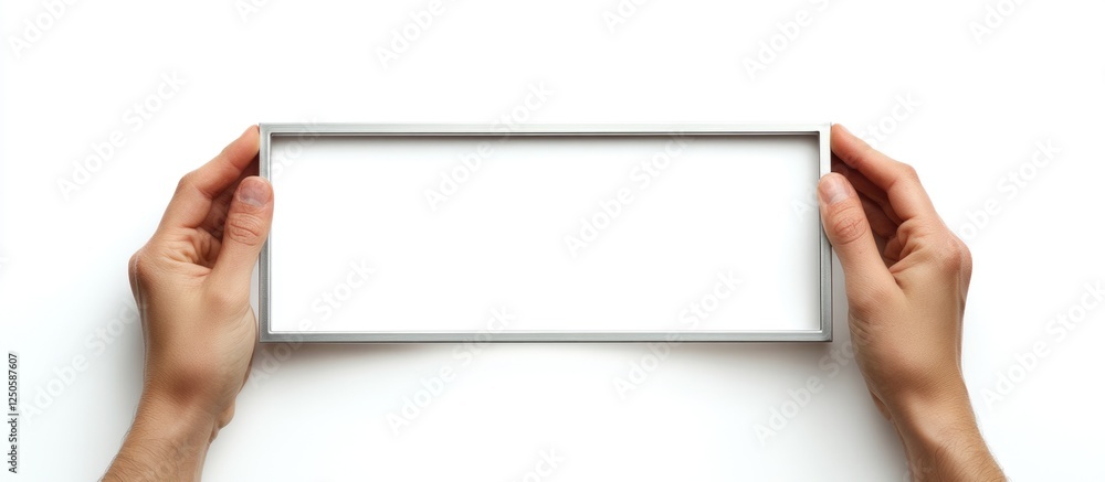 Poster hands holding a minimalist metal frame with a blank white background for customizable content or art
