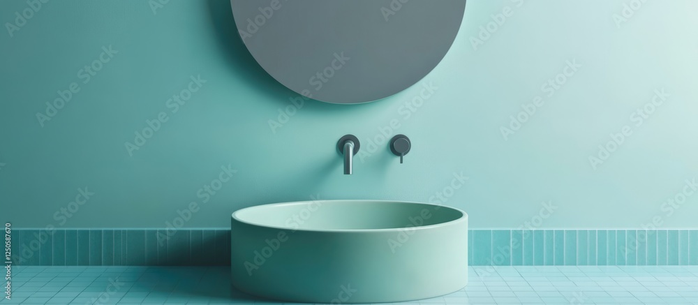 Poster minimalist bathroom design with solid color basin and circular mirror in calming aqua tones providin