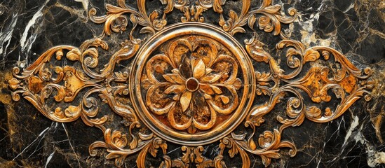 Elegant ornamental design featuring golden stone tile with intricate floral patterns on a dark marble background.