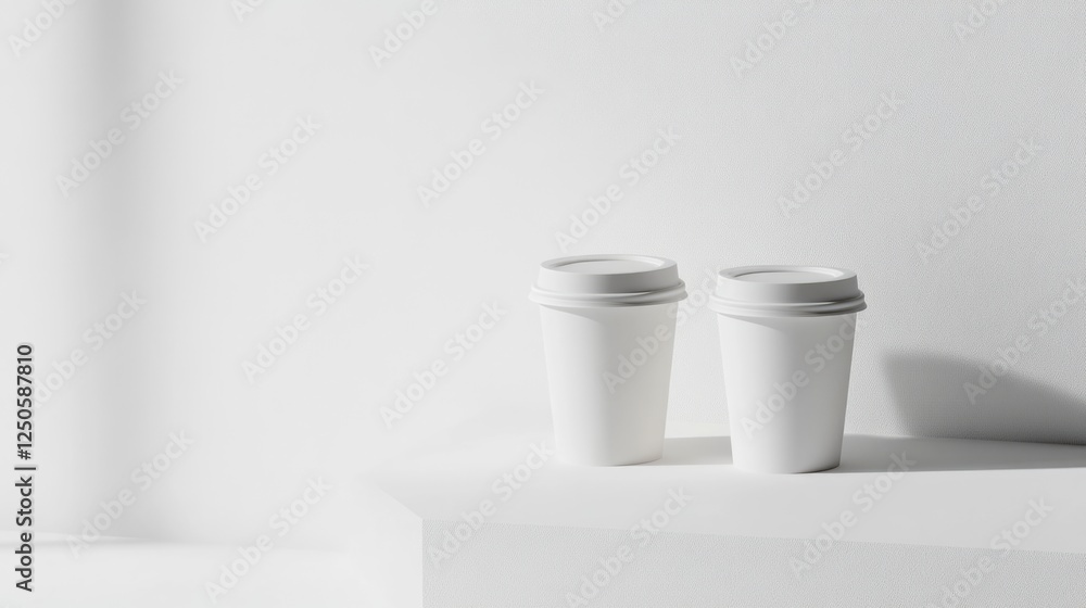 Poster minimalistic product display with two white paper cups on a clean white studio background for modern