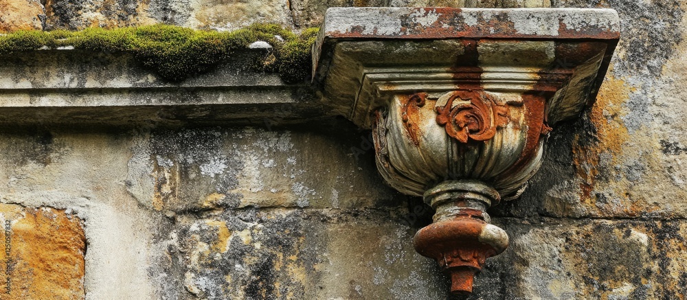 Poster textured details of an aged building highlighting historical architecture and rustic elements on wea