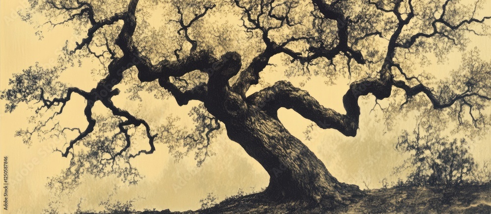 Poster ancient tree silhouette in duotone showcasing intricate branches against a soft background for a tim