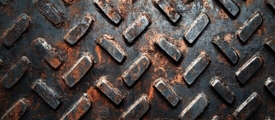 Rusty metal texture with diamond plate pattern in grunge style ideal for industrial backgrounds and design projects.