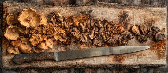 Sliced Shiitake Mushrooms on Wooden Board with Knife and Rustic Fabric Background