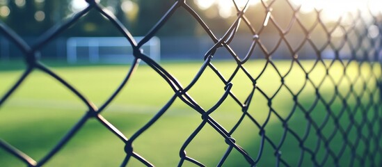 Fototapeta premium Metal mesh wire fence with blurred soccer field background in soft natural light during evening or morning hours