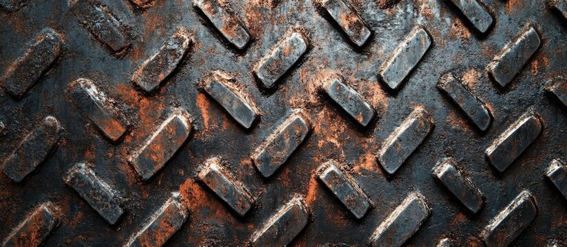 Rusty metal texture with diamond plate pattern in grunge style ideal for industrial backgrounds and design projects.