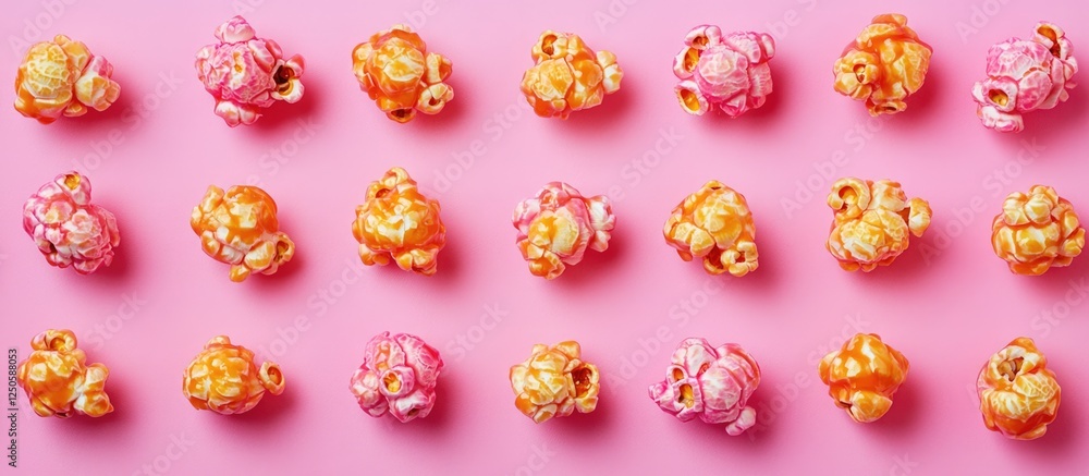 Poster colorful caramel-glazed popcorn arranged in rows on a vibrant pink background creating a playful and