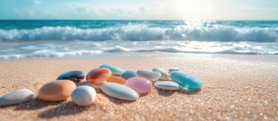 Obraz premium Multicolored pebbles scattered on sandy beach with gentle waves and sunlit ocean in background creating a serene coastal atmosphere