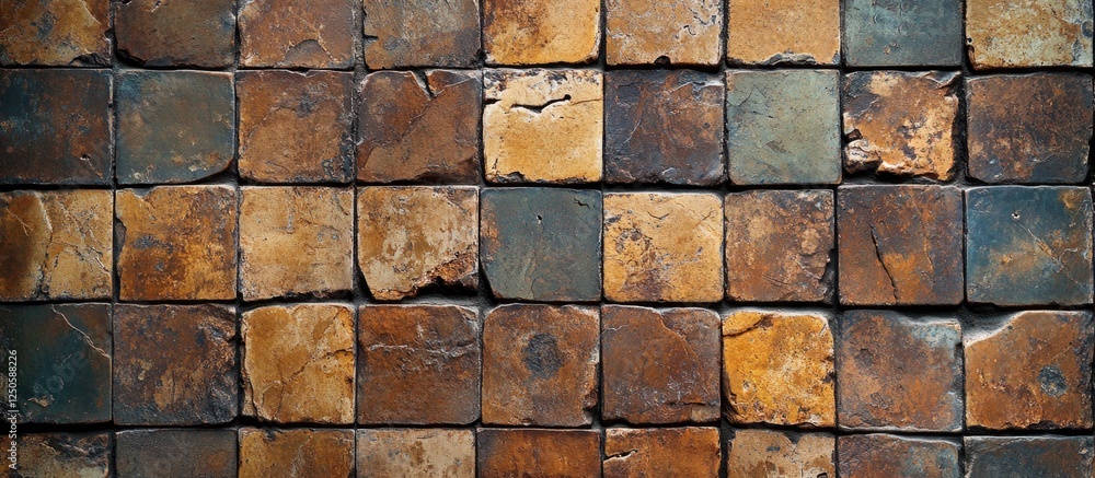 Poster brown textured mosaic wall close-up showcasing an array of weathered stones in earthy tones, ideal f