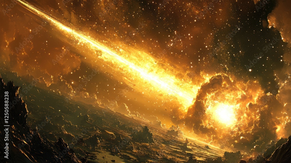 Poster meteor illuminating the night sky with a vibrant streak of light creating a stunning celestial displ