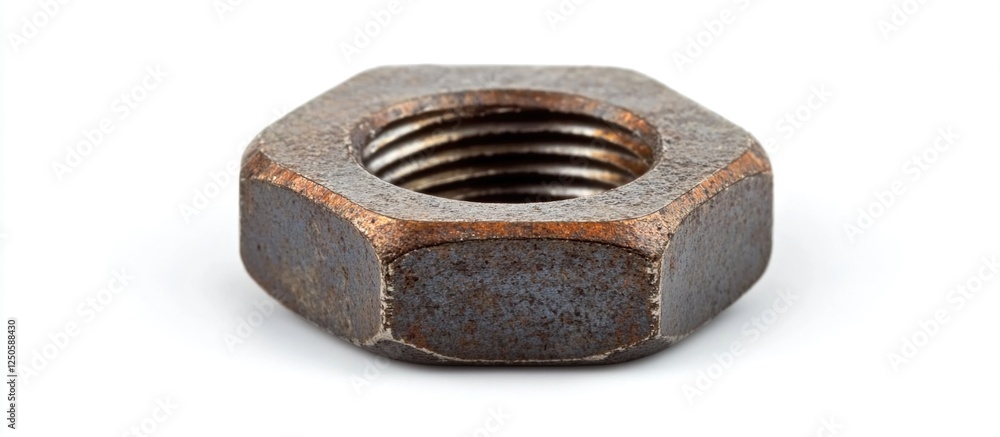 Poster rusty metal nut with internal threading isolated on a clean white background for industrial and mech