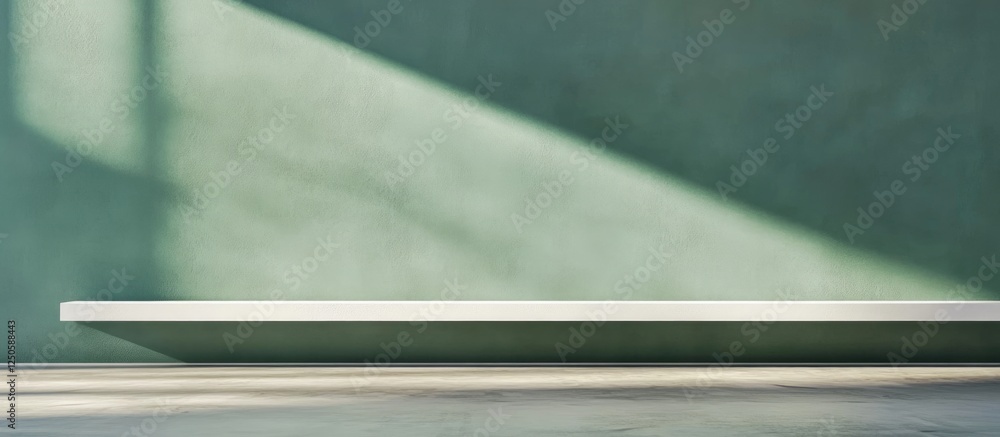 Poster minimalist interior in green tones with smooth wall and textured floor featuring white beam and empt