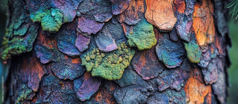 Poster vibrant multicolored spruce bark texture close-up showcasing rich hues and intricate patterns in a f