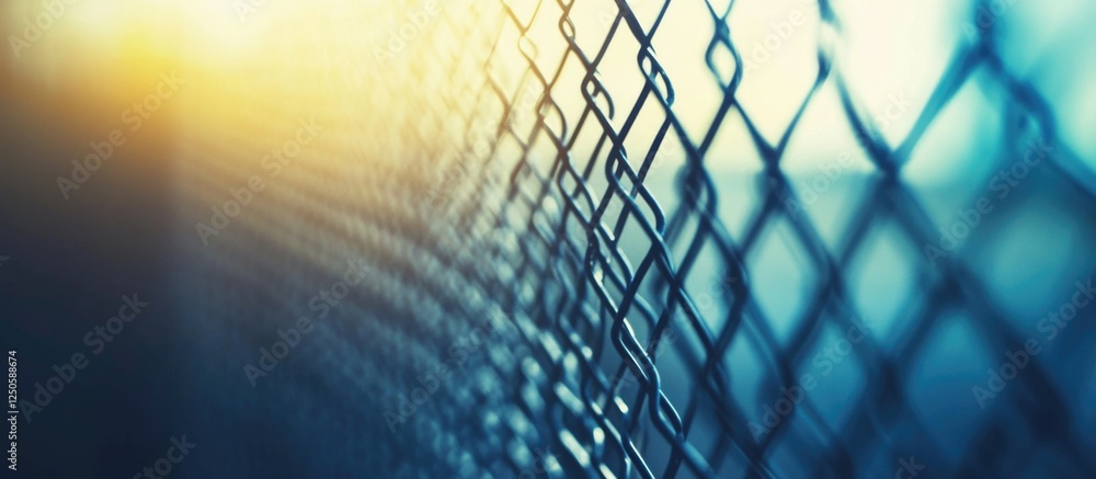 Poster rustic close-up of a metallic fence with sunlight illuminating its intricate mesh design creating a 