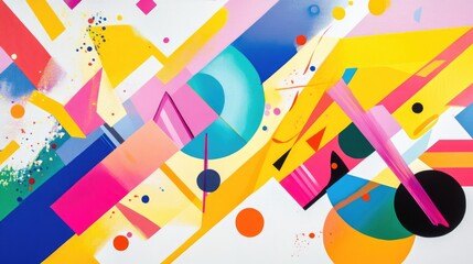 Vibrant abstract oil painting with dynamic geometric shapes and colorful strokes on canvas for contemporary art decor.